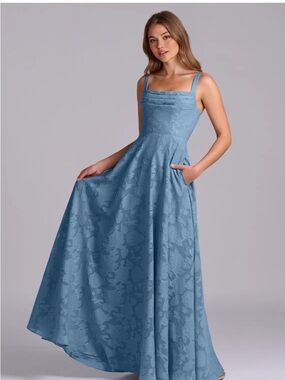 Azazie Dusty Blue Floral Jacquard Maxi Dress